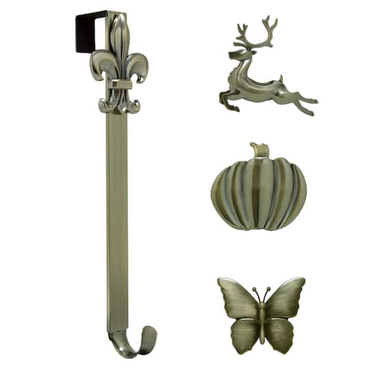 Haute Decor Antique Brass Adjustable Wreath Hanger with Seasonal Icons